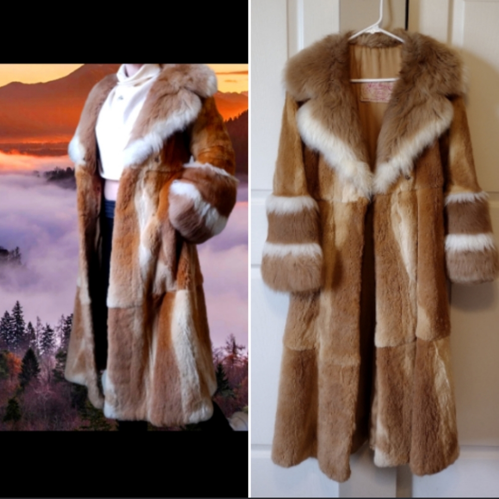 Vintage Mademoiselle Designer Collection Patchwork Mixed Real Fur Long Belt Coat